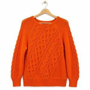 J.Crew Womens Orange Cable Knit Sweater Medium Chunky Cotton Blend Raglan Sleeve